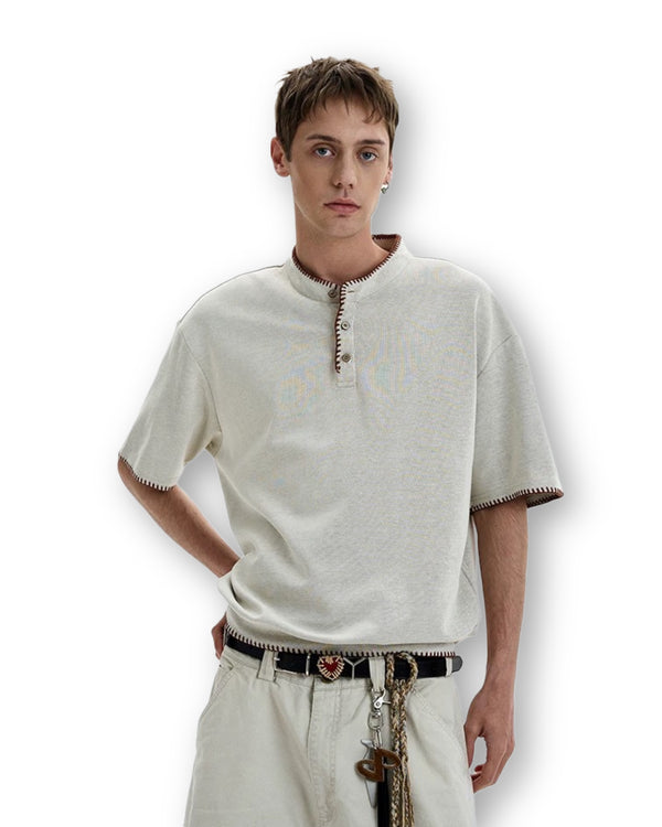 Stitch Line oversized henley with contrast stitching, front view