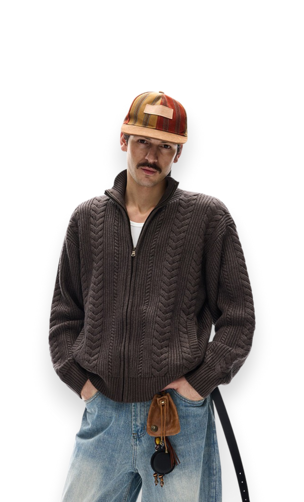 Tobacco brown cable-knit cardigan, front view