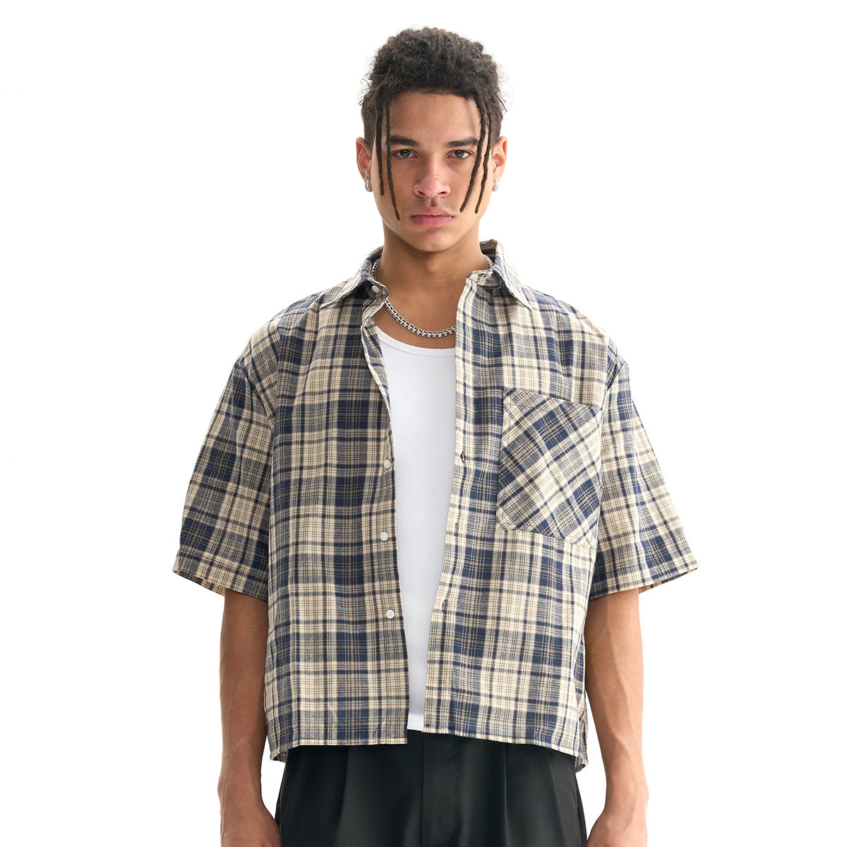 "Plaid" Boxy button Shirt