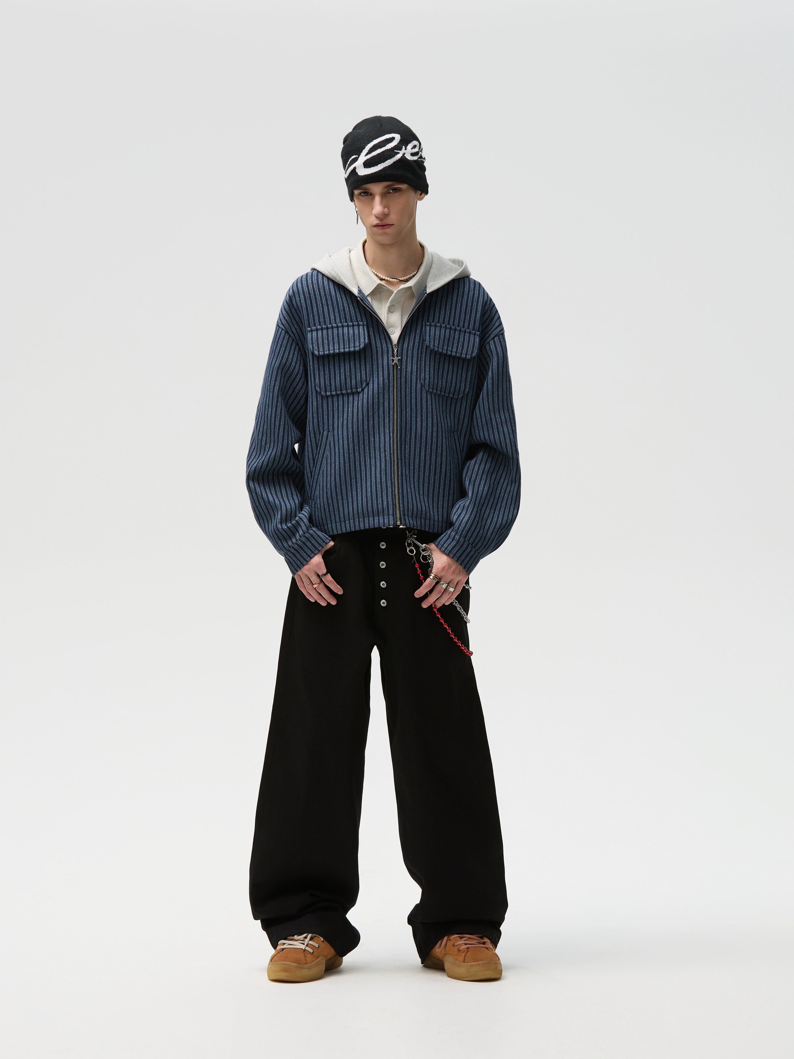 Wool Pinstripe Hooded Zip-Up