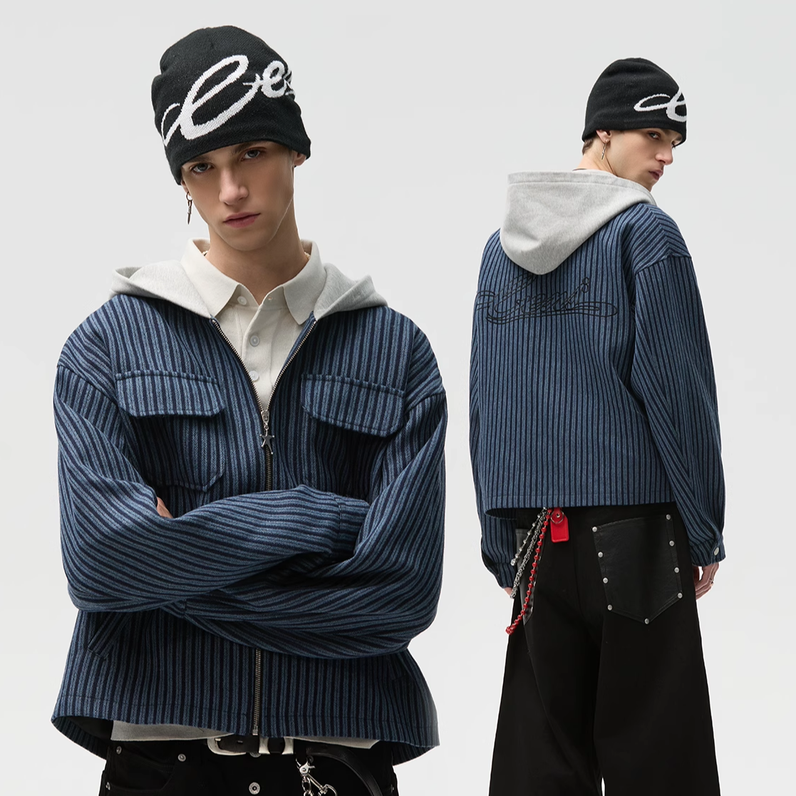 Wool Pinstripe Hooded Zip-Up