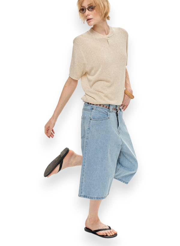 “WASHED BLUE BELTLINE” DENIM SHORTS